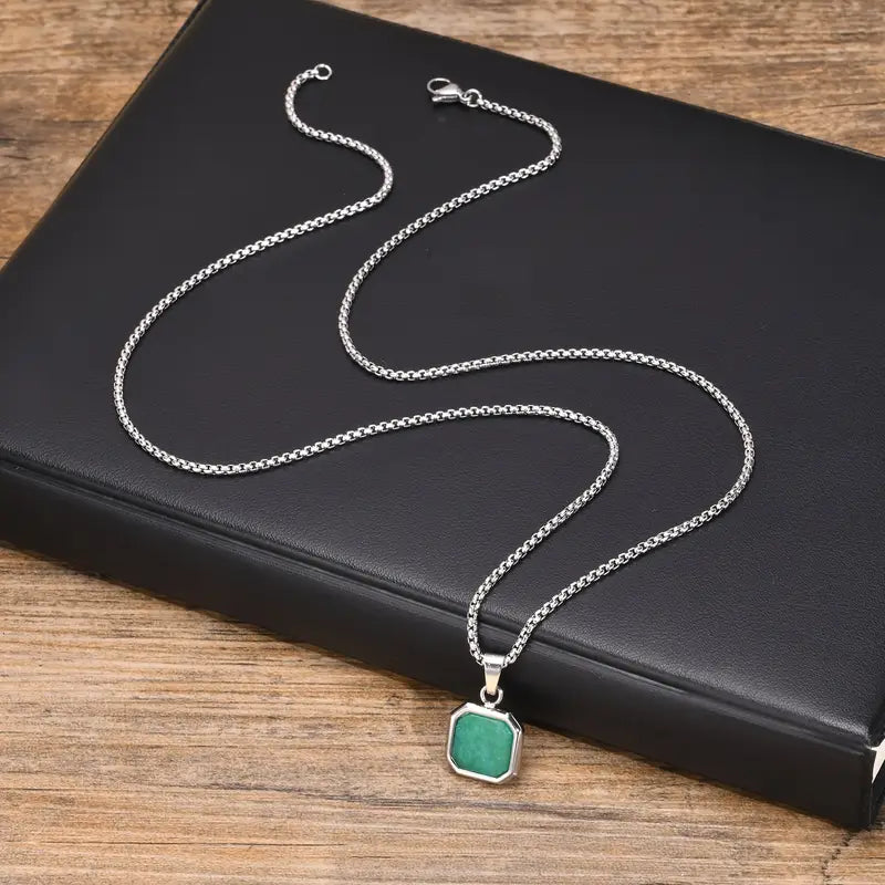 Men's Stainless Steel Green Stone Square Pendant Necklace – 3D Cubic Design