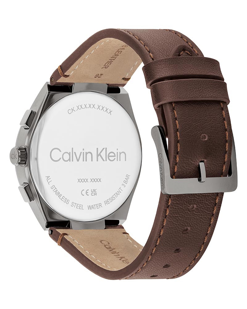 Distinguish Men’s Grey Steel Gunmetal Dial Brown Leather Watch-Calvin Klein