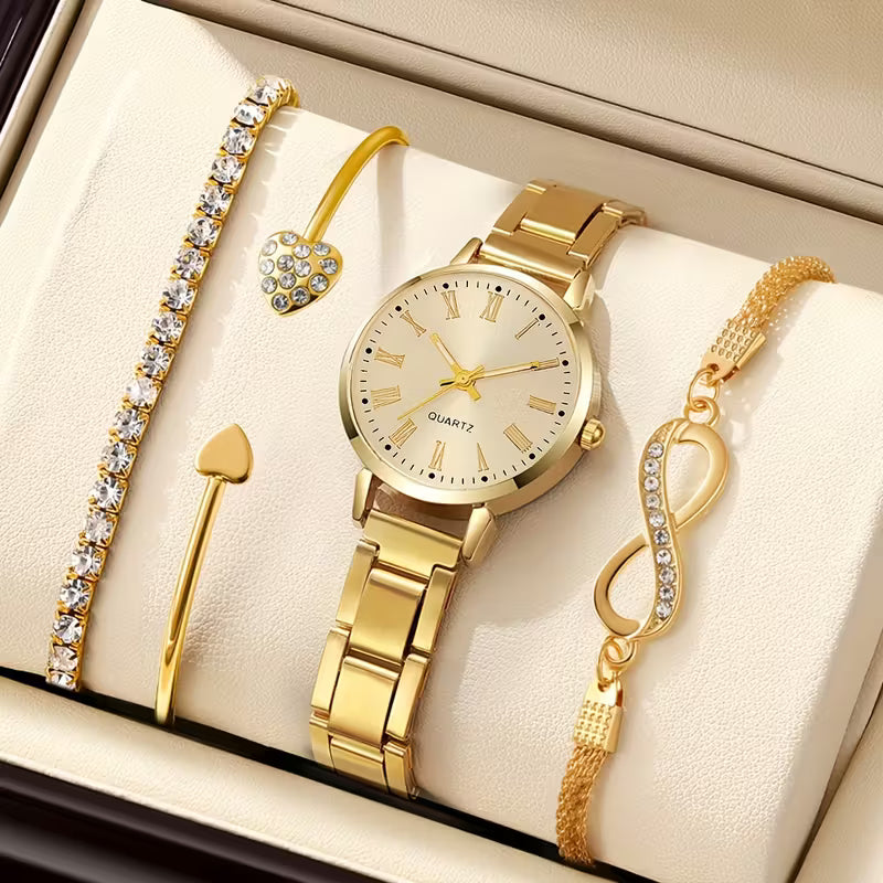 Stylish Minimalist Roman Numeral Quartz Watch and Bracelet Combo