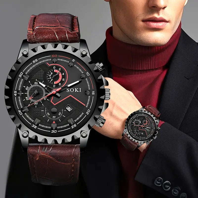 Men’s Oversized Quartz Sports Watch with Calendar – Casual Fashion PU Strap