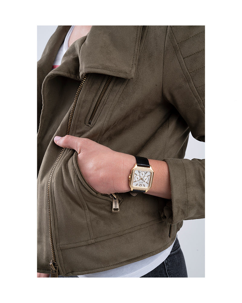 Women’s Gold Square White Dial Crystal Multi-Function Leather Watch-Guess-10