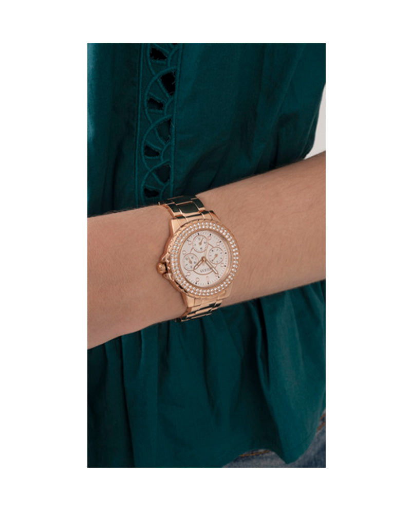 Women’s Rose Gold White Dial Multi-Function Crystal Watch-Guess-