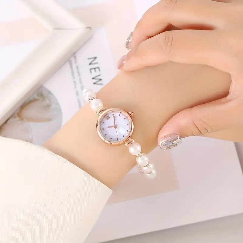 ⌚ Stylish Pearl Beaded Quartz Watch – Elegant Adjustable Strap