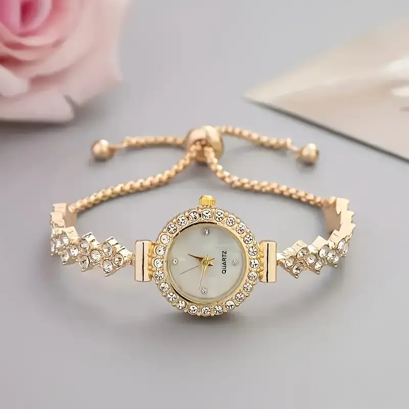 🌹 Elegant Women’s Quartz Watch Set – Sparkling Rhinestone Chic Design