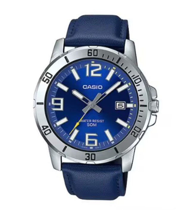 Bold Horizon: The Casio Enticer Deep Blue Leather Classic