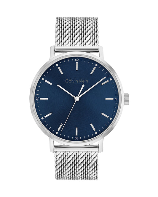 Men’s Silver Mesh Blue Dial Watch-Calvin Klein