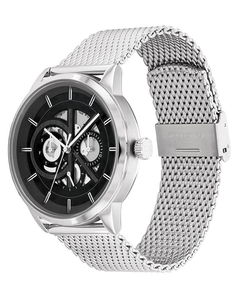 Men’s Silver Mesh Black Dial Calendar Watch-Calvin Klein