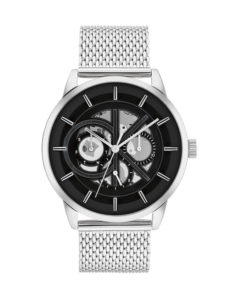 Men’s Silver Mesh Black Dial Calendar Watch-Calvin Klein