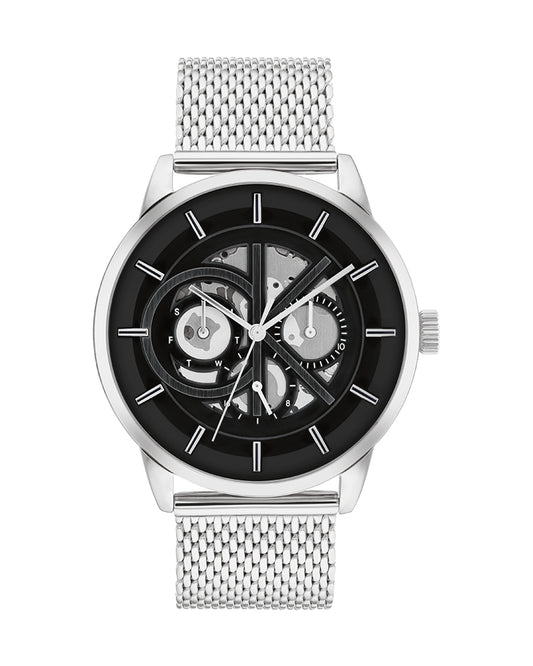 Men’s Silver Mesh Black Dial Calendar Watch-Calvin Klein