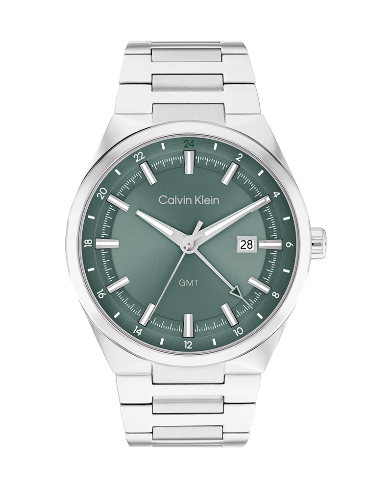 Distinguish GMT Men’s Silver Steel Green Dial Watch-Calvin Klein