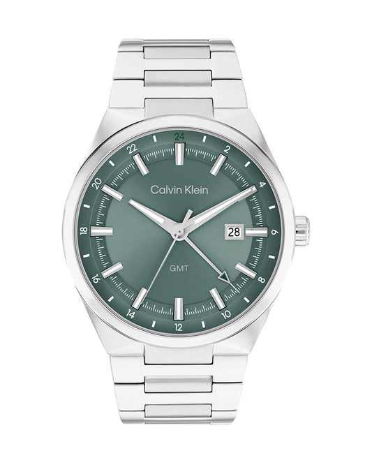 Distinguish GMT Men’s Silver Steel Green Dial Watch-Calvin Klein