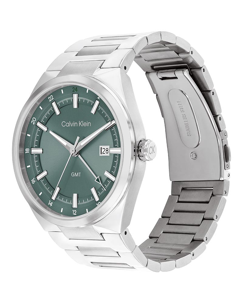 Distinguish GMT Men’s Silver Steel Green Dial Watch-Calvin Klein