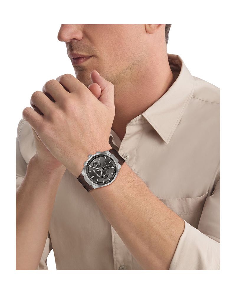Distinguish Men’s Grey Steel Gunmetal Dial Brown Leather Watch-Calvin Klein