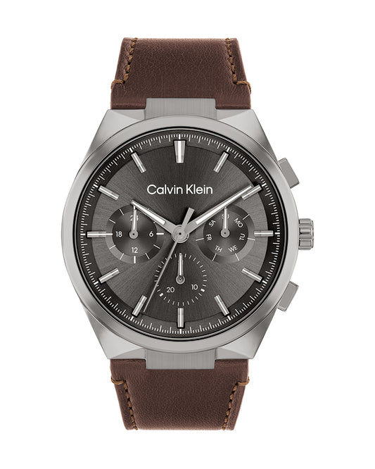 Distinguish Men’s Grey Steel Gunmetal Dial Brown Leather Watch-Calvin Klein