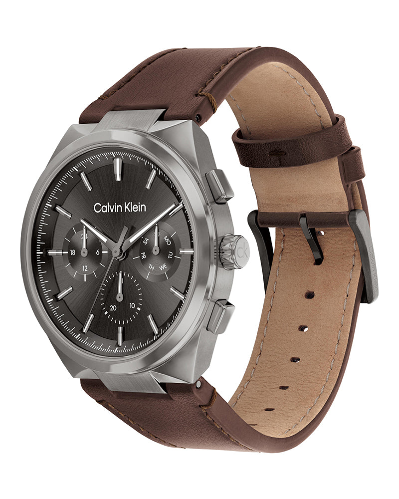 Distinguish Men’s Grey Steel Gunmetal Dial Brown Leather Watch-Calvin Klein
