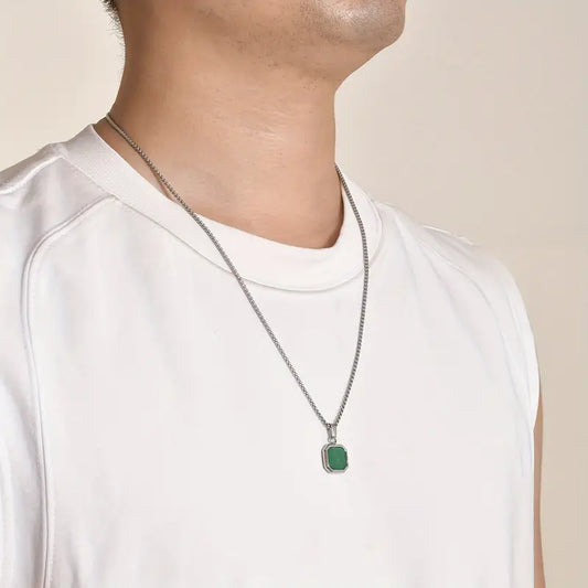 Men's Stainless Steel Green Stone Square Pendant Necklace – 3D Cubic Design
