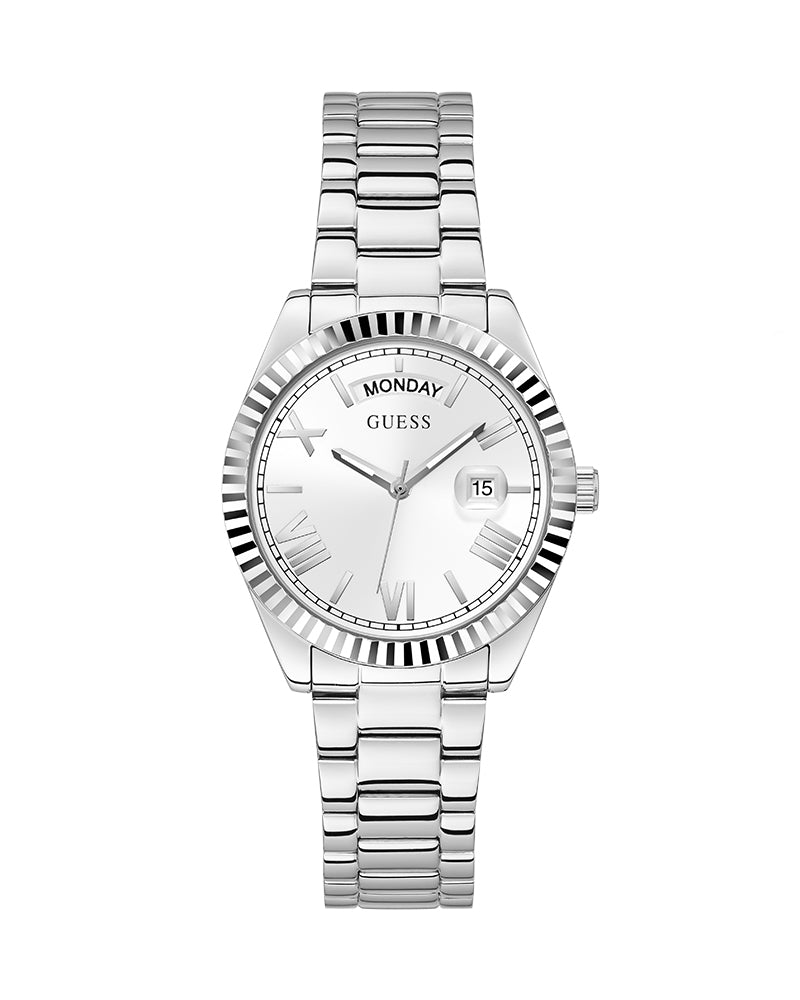 Women’s Silver White Dial Crystal Day-Date Watch-Guess-