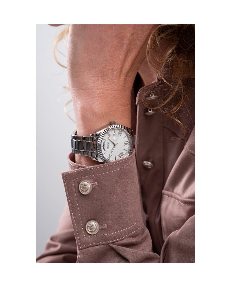 Women’s Silver White Dial Crystal Day-Date Watch-Guess-