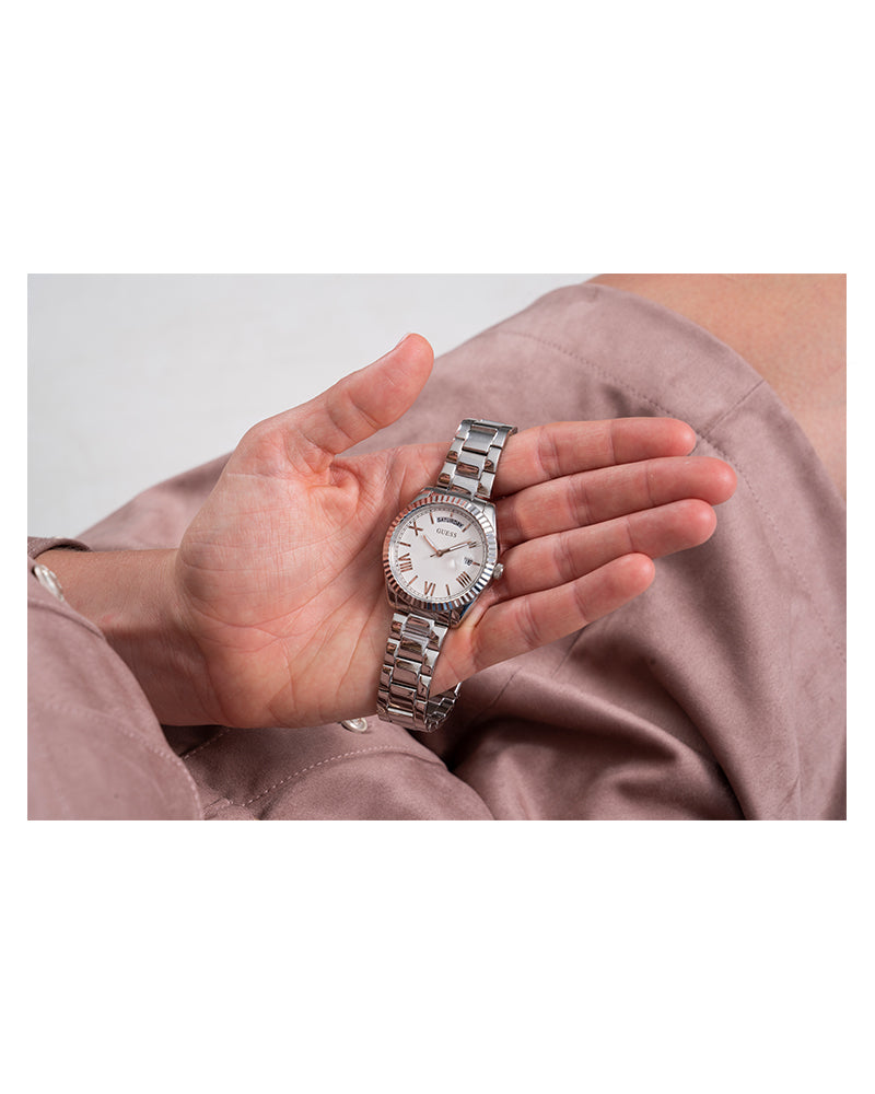 Women’s Silver White Dial Crystal Day-Date Watch-Guess-