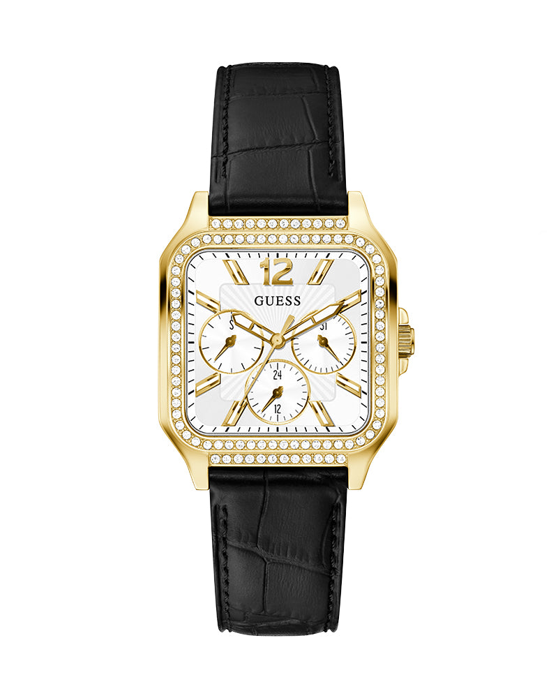 Women’s Gold Square White Dial Crystal Multi-Function Leather Watch-Guess-10