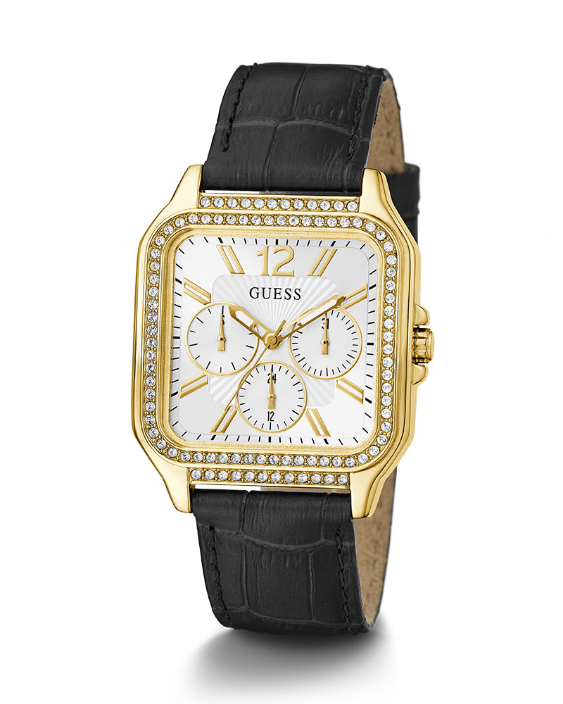 Women’s Gold Square White Dial Crystal Multi-Function Leather Watch-Guess-10