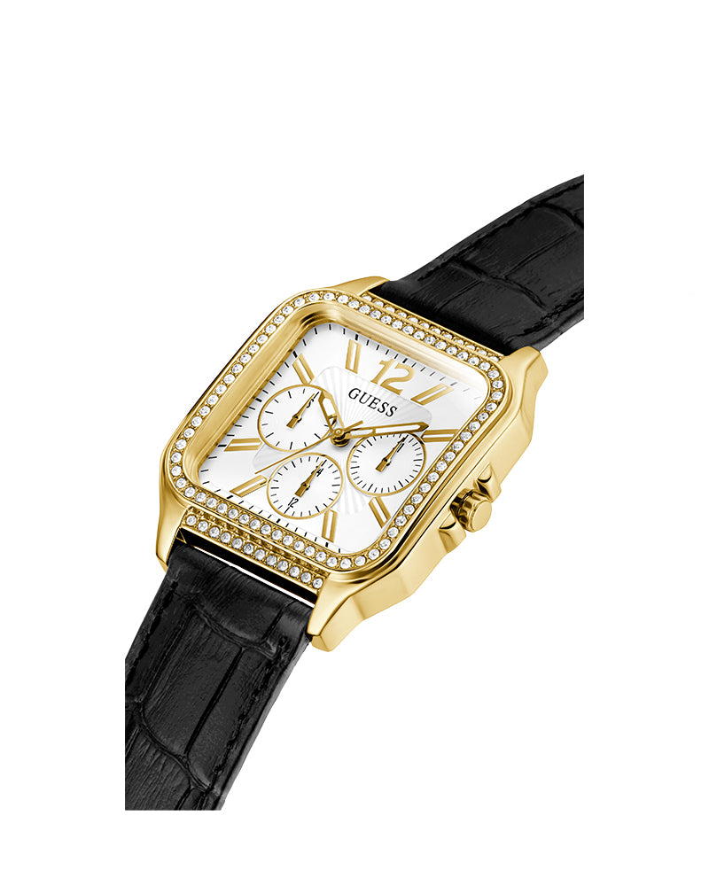 Women’s Gold Square White Dial Crystal Multi-Function Leather Watch-Guess-10