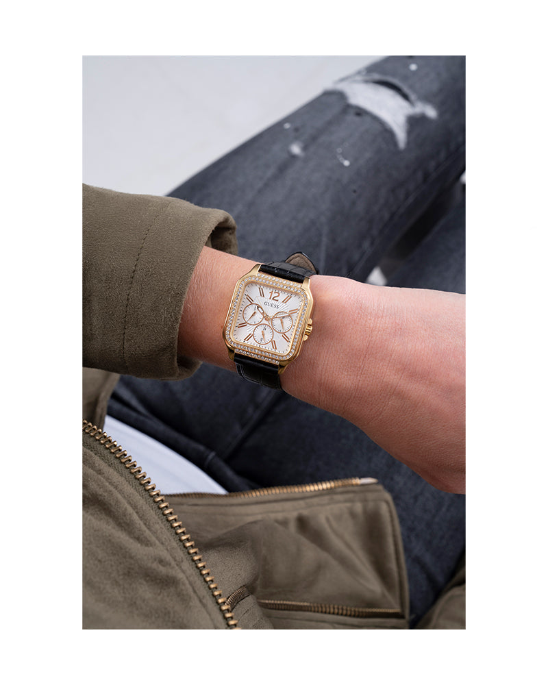 Women’s Gold Square White Dial Crystal Multi-Function Leather Watch-Guess-10