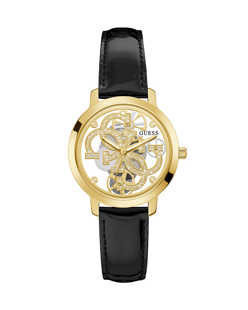 Women’s Gold Champagne Logo Dial Black Patent Leather Watch-Guess-