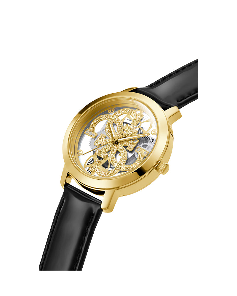 Women’s Gold Champagne Logo Dial Black Patent Leather Watch-Guess-