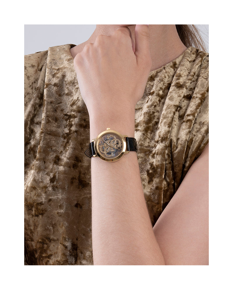 Women’s Gold Champagne Logo Dial Black Patent Leather Watch-Guess-