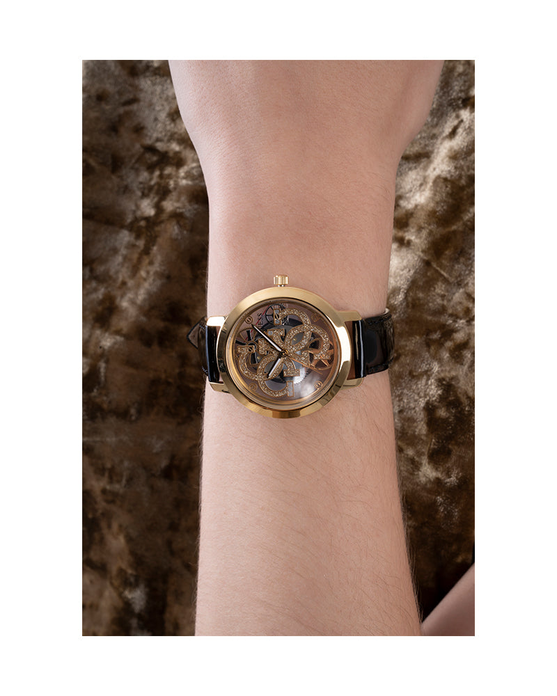 Women’s Gold Champagne Logo Dial Black Patent Leather Watch-Guess-