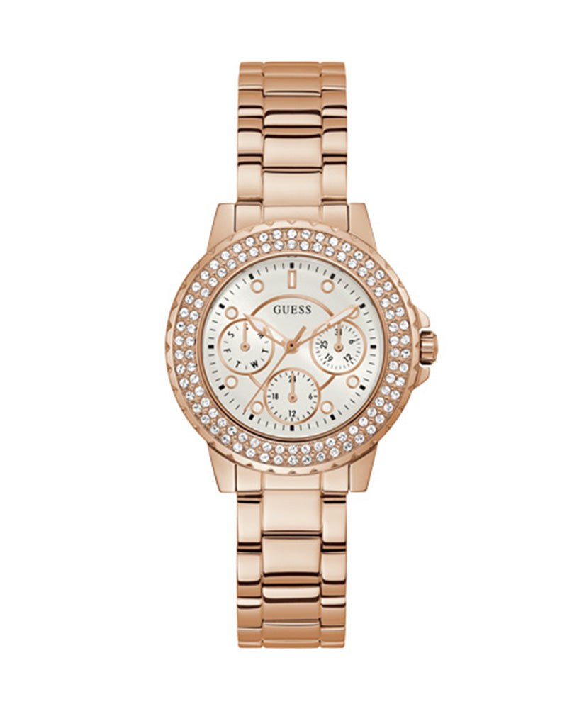 Women’s Rose Gold White Dial Multi-Function Crystal Watch-Guess-