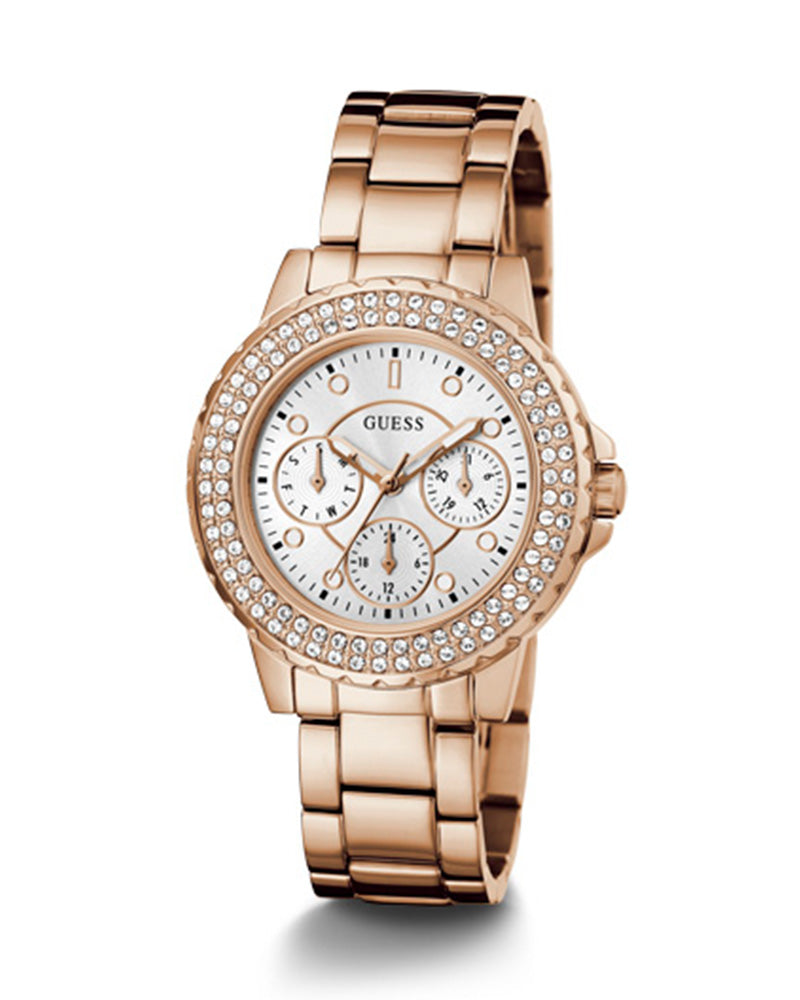 Women’s Rose Gold White Dial Multi-Function Crystal Watch-Guess-
