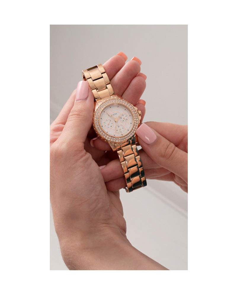Women’s Rose Gold White Dial Multi-Function Crystal Watch-Guess-