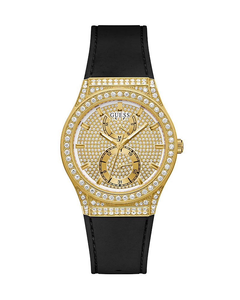 Women’s Gold Crystal Dial Day-Date Black Silicone Watch-Guess-12