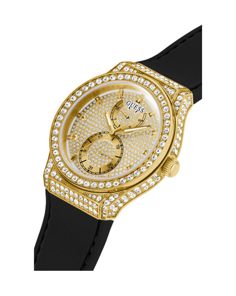 Women’s Gold Crystal Dial Day-Date Black Silicone Watch-Guess-12