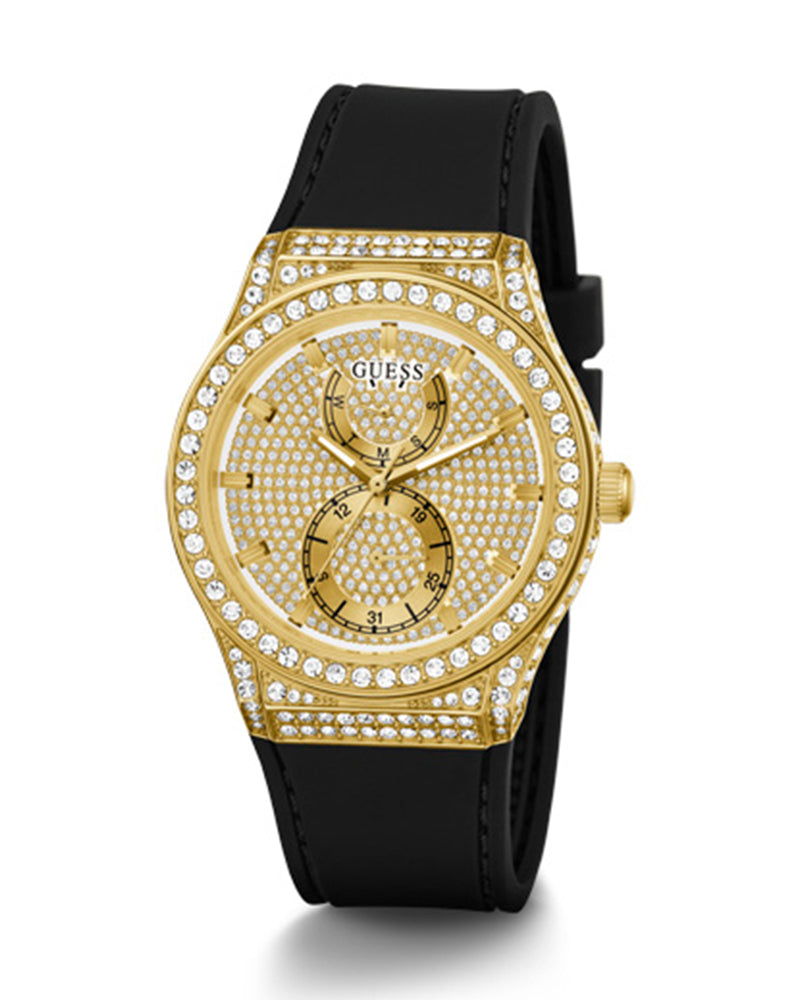 Women’s Gold Crystal Dial Day-Date Black Silicone Watch-Guess-12