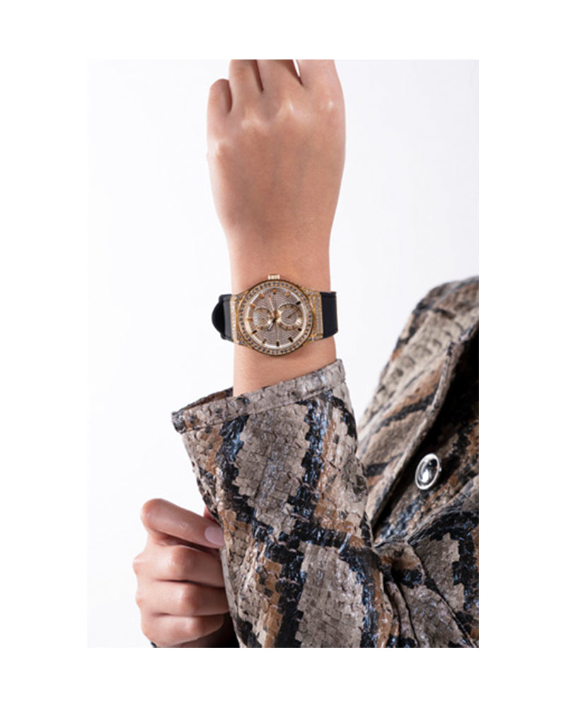 Women’s Gold Crystal Dial Day-Date Black Silicone Watch-Guess-12