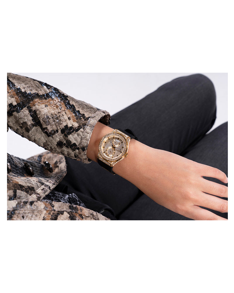 Women’s Gold Crystal Dial Day-Date Black Silicone Watch-Guess-12