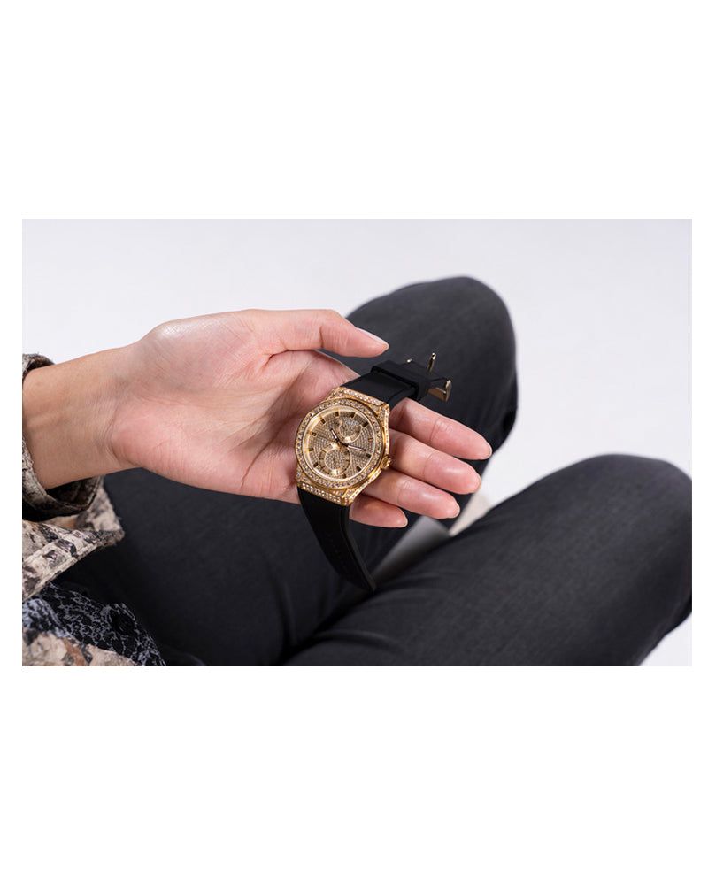 Women’s Gold Crystal Dial Day-Date Black Silicone Watch-Guess-12