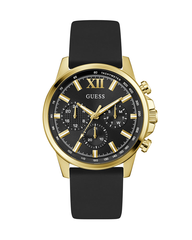Men’s Black Gold Multi-Function Silicone Strap Watch-Guess-4