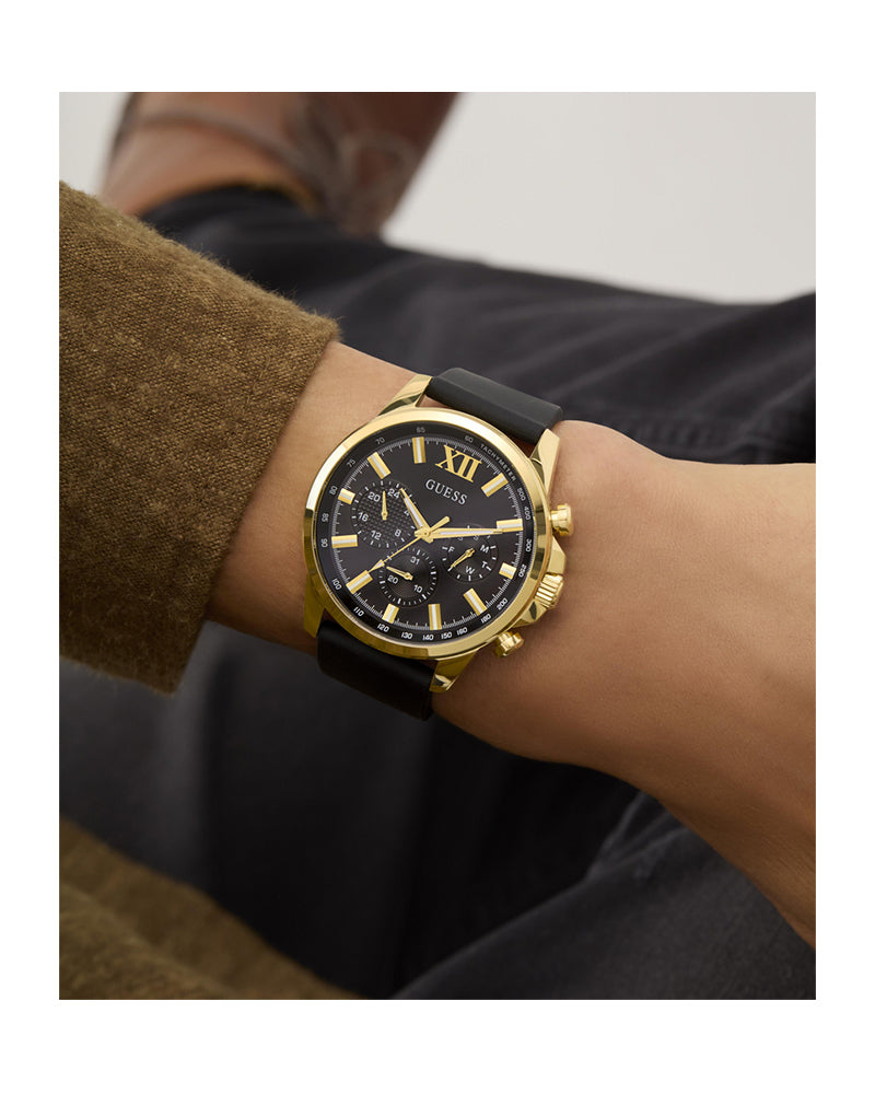 Men’s Black Gold Multi-Function Silicone Strap Watch-Guess-4