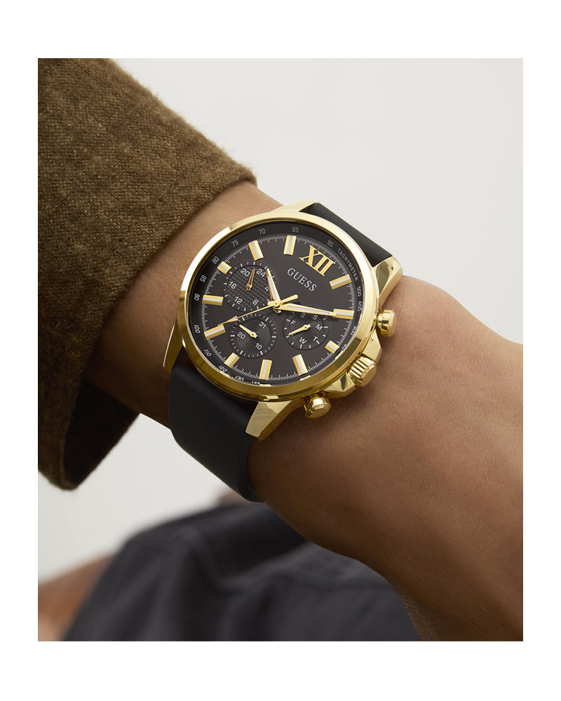 Men’s Black Gold Multi-Function Silicone Strap Watch-Guess-4