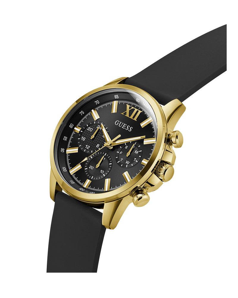 Men’s Black Gold Multi-Function Silicone Strap Watch-Guess-4