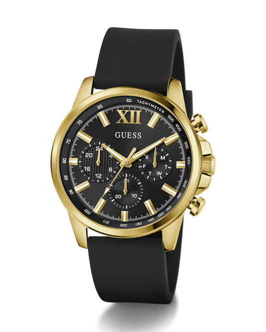 Men’s Black Gold Multi-Function Silicone Strap Watch-Guess-4