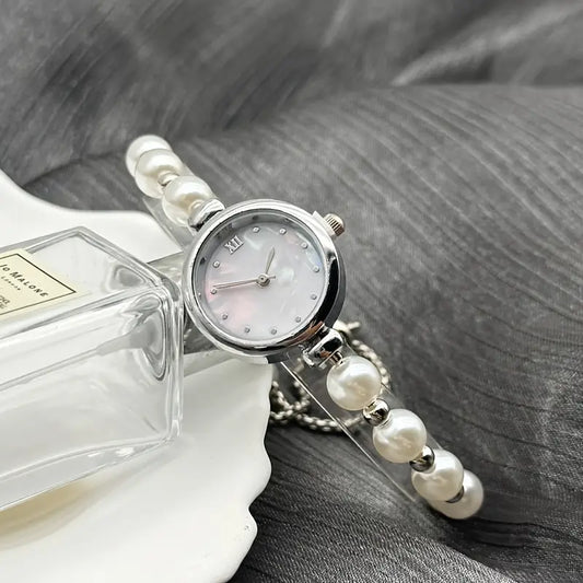 ⌚ Stylish Pearl Beaded Quartz Watch – Elegant Adjustable Strap