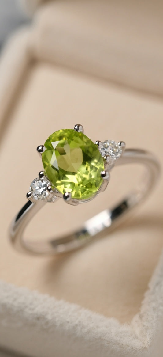 💍 Sterling silver (925) ring with a bright lime-green peridot center stone